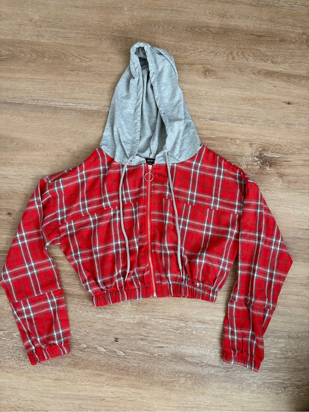 HYFVE Red Plaid Hooded Zip-Up Jacket with Gray Hood